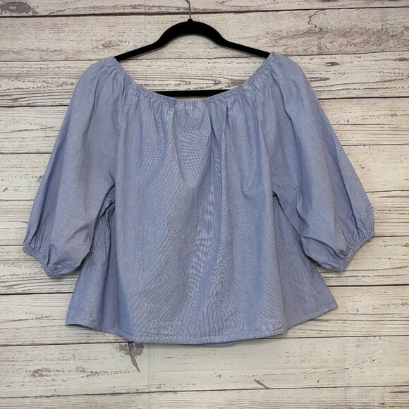 Maeve BlueWhite Microstripe Oversized Peasant Crop Top Med - Picture 5 of 6